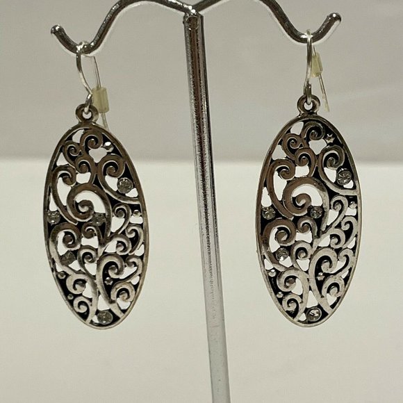 silver tone openwork scroll dangle hook earrings Filigree Rhinestone - Picture 2 of 7